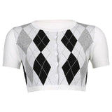 Argyle Plaid Sweater Knitted Cardigan Women Vintage Cute Sweater Spring Female Short Sleeve Outerwear Korean Tops Jumpe