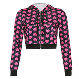 Rarove  Hooded Cropped Jackets Pink Zip Up Coats Women'S Jacket Heart Print Short Jacket Harajuku Korean Female 2021