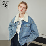 Women Lamb Wool Thickened Denim Jacket Loose Korea Style Winter Short Plus Velvet Jacket Polo Collar Cotton Clothes