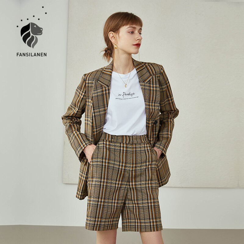 British Style Suit Professional Suit 2 Piece Women Short Set With Blazer 2021 Early Autumn FemaleTwo-piece Plaid Suit