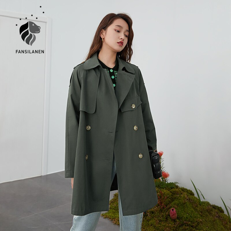 Double Breasted Khaki Trench Coat Women Belt Elegant Green Long Spring Coat Female Oversized Windbreaker Jacket 2021