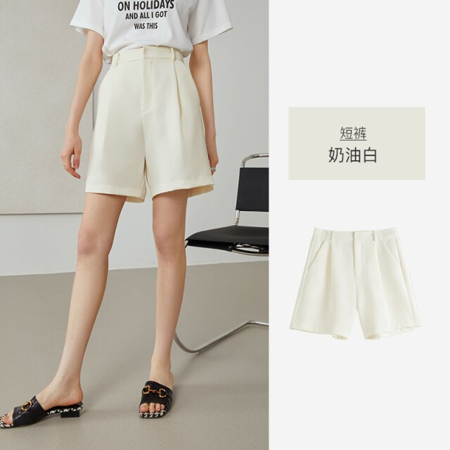 Office Lady 2021 Newly Autumn Women's Clothing Single Button Professional Suit Solid Pleat Pockets Two-piece Shorts