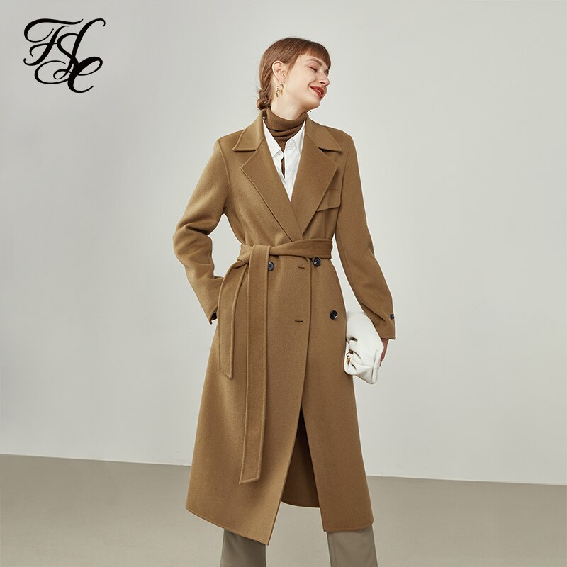 Women&#39;s Mid-length Double-faced Woolen Coat Temperament Suit Collar Design Women Winter Light Tan Slim Cashmere Coats