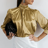 2022 Women Fashion Satin Blouse Elegant Tunic Slik Tops Autumn Solid High Collar Shirt Long Sleeve Party Blusas Femininas