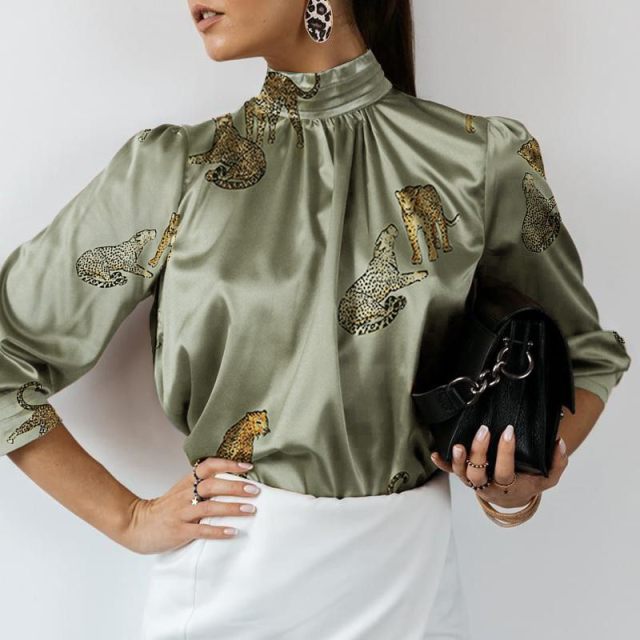 Stylish Top Satin Blouse Women Long Sleeve Shirt 2022 Autumn Stand Collar Casual Vintage Tiger Print Elegant Party Blusas