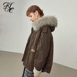 Women's Winter Large Fur Collar Design Windproof Fashion Down Jackets Women Short Coffee Color Hood Casual Down Coats