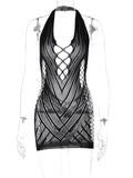 Rarove Autumn Winter Women Lace Up Halter Hollow Out Hole Mini Dress V Neck Bodycon Sexy Streetwear Party Night Club