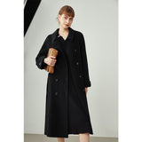 Women Small Lapel 100% Wool Double-faced Coat Double-breasted Buttons Straight Coat Raglan Sleeves Black Woolen Coats