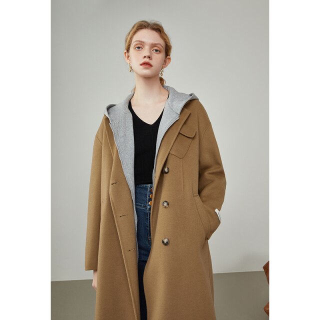 Women 2021 Winter Simple Dropped Shoulder Small Pocket Design Double-sided Woolen Coat Women Long Brown Warm Jackets