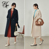 Women Lapel Dark Blue Woolen Coat Mid-length Beige Long Double-sided Cashmere Coats Belt Design Women Commuter Jacket