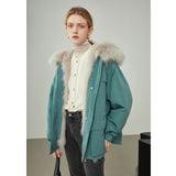 Women Winter Warming Contrasting Waist Fur Coat Detachable Liner Design Green Short Fur Top Women Straight Jackets