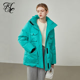 Women's Winter Heat Preservation Goose Down Jacket Pocket Design Stand-up Collar White Down Coat Lake Blue Warm Coats