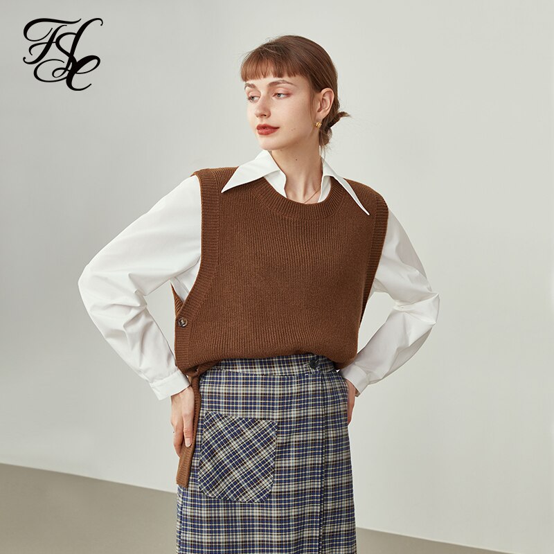 Office Lady Brown Sweater Vest Women's Autumn Winter Design Sense Minority Inside Outside Knitting Wool Vest