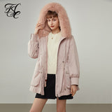 Women Winter Warm Big Pocket Fur Parker Jackets Pink Fur Collar Niche Warm Jacket Removable Inner Liner Winter Coats