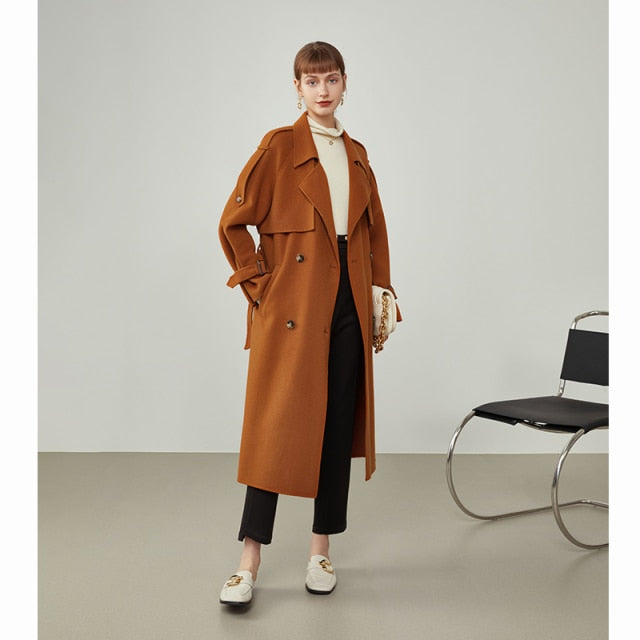 Women Windbreaker-style Double Breasted Wool Coat Mid-length Suit Collar Orange Woolen Jackets Apricot Commuter Coats
