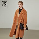 Women Retro Temperament Orange Double-sided Woolen coat Women's Mid-length Double-breasted A-line Pure Wool Coats