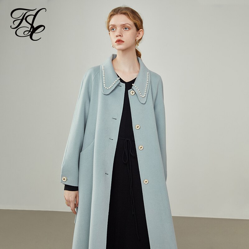 Women's Mid-length Winter Black Double-sided Woolen Coats Neckline Pearl Embroidery Design Blue Pure Wool Jackets