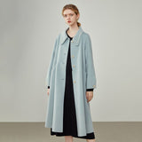 Women's Mid-length Winter Black Double-sided Woolen Coats Neckline Pearl Embroidery Design Blue Pure Wool Jackets