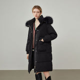 Women Drawstring Waist Three-dimensional Pocket Fur Collar Black Long Down Jacket Winter New Warm Beige Down Jackets