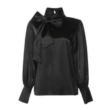 Women Satin Blouse Fashion Tunics Tops 2022 Autumn Elegant Bow Tie Lantern Sleeve Belted Shirt Casual Slik Party Blusas