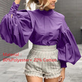 Rarove 2023 Fashion Women Big Lantern Sleeve Blouse Elegant Party Shirts Autumn Stand Collar Casual Solid Vintage Tops OL Blusas