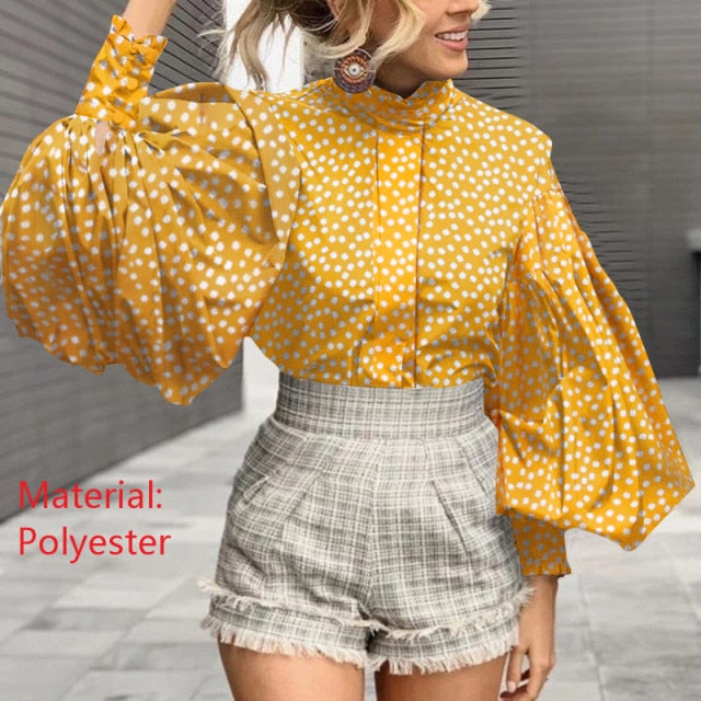 Rarove 2023 Fashion Women Big Lantern Sleeve Blouse Elegant Party Shirts Autumn Stand Collar Casual Solid Vintage Tops OL Blusas