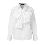Rarove Women Elegant Bow Tie White Shirts Autumn Long Sleeve Fashion Tops Casual Party Blouse Oversized Blusas Femininas
