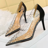 Sparkle Rhinestones Kitten Heels Women Pumps PVC Transparent High Heels Pointed Toe Women Heels New Banquet Shoes