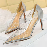 Sparkle Rhinestones Kitten Heels Women Pumps PVC Transparent High Heels Pointed Toe Women Heels New Banquet Shoes