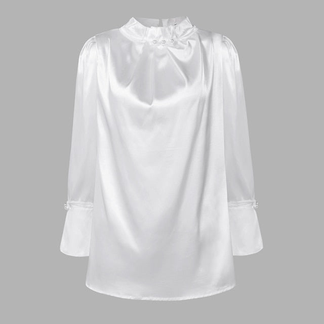 Women Satin Blouses Elegant Long Sleeve Silk Tops 2022 Pearl Stand Collar Female Office Shirts Solid Casual Party Blouse
