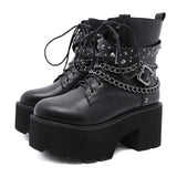 2022 Gothic Black Ankle Boots For Women Plus High Heel Female Shoes Lace-Up Nigh Club Black Sexy Rivets Chain Short Boots