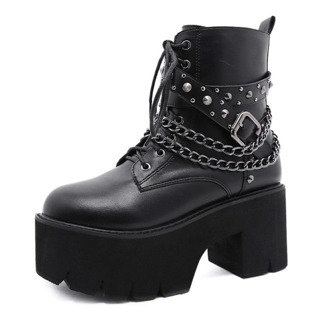 2022 Gothic Black Ankle Boots For Women Plus High Heel Female Shoes Lace-Up Nigh Club Black Sexy Rivets Chain Short Boots