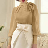 Rarove Fashion Women Blouse Long Lantern Sleeve Party Shirt Autumn Bow Tie Elegant Office Ladies Top Tunic Blusas Femininas