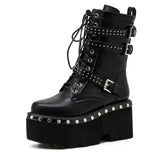 2022 Spring Lace-Up Motorcycle Boots for Women Round Toe Thick Platform High Heels Female Ankle Boots Gothic Style Shoes