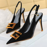 Rarove Pointed Toe Women Pumps Metal Square Buckle High Heels Stiletto Party Shoes Back Strap Hollow Women Sandals