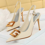 Rarove Pointed Toe Women Pumps Metal Square Buckle High Heels Stiletto Party Shoes Back Strap Hollow Women Sandals