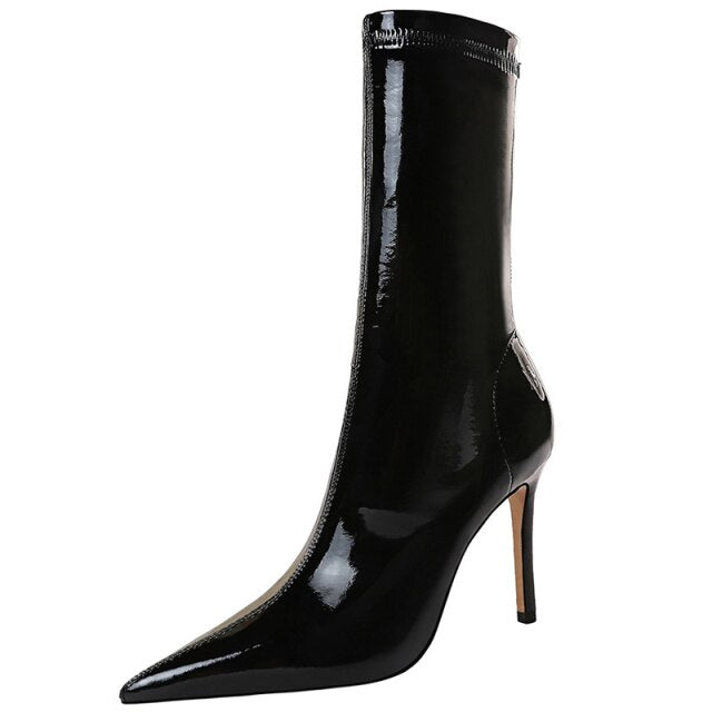 Patent Leather Mid-Calf Boots Women Sexy High-heel Boots Stiletto Women Elastic Leather Boots Autumn Winter Boots