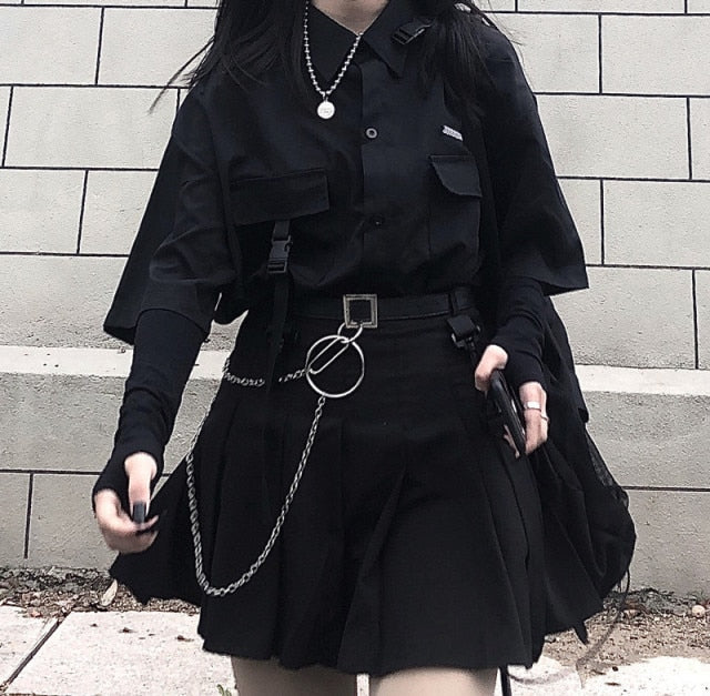 Rarove Black Pleated Skirt With Chain-Belt Punk Rock Goth Girl Cheerleading Belted Mini Skirt Alt Women e-girl Outfit