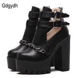 Spring Autumn Fashion Ankle Boots for Women High Heels Casual Cut-outs Buckle Round Toe Chain Thick Heels Platform Shoes