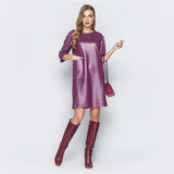 Women High Street Front Pockets PU Dress Half Sleeve O neck Purple Color Leather Party Dress 2022 Autumn Casual Fashion Dress