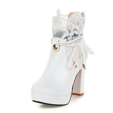 Rarove Lace Ankle Boots Thick High Heeled Female Short Boots Round Toe Platform Ladies Shoes White Wedding Shoes Plus Size
