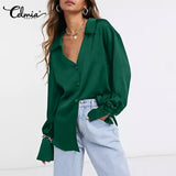 Women Satin Elegant Shirts 2022 Celmia Fashion Long Sleeve Office Solid Tops Autumn Ladies Casual Lapel Collar Button Blouses