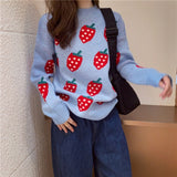 Cute Strawberry Sweater Knitted Mock Neck Long Sleeve Pullover Cozy Jumper Fall Winter Women Aesthetic Girl Streetwear /