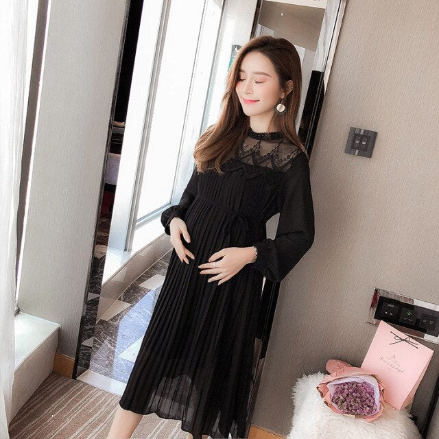 Spring Fashion Maternity Pregnant Dresses For Women Long Sleeve Pleated Pregnancy Dress Autumn Chiffon Casual Maternity Clothes