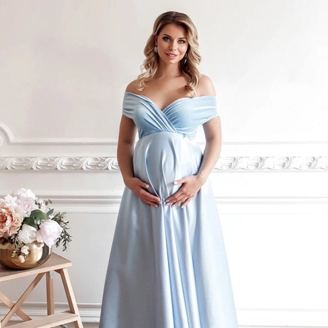 2022 Satin Silk Baby Shower Long Dress Velvet Joint Silk Maternity Photo Shoot Dress Short Sleeve Pregnancy Photography Maxi Gown