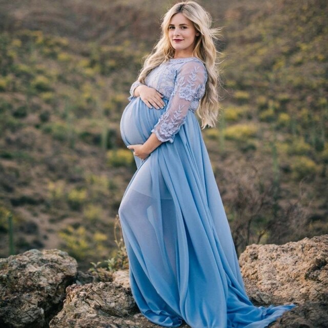 Lace Maternity Maxi Gowns Dresses for Photo Shoot Long Sleeve Chiffon Pregnant Women Baby Shower Pregnancy Dress Photography