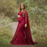 Rarove Maternity Dress for Photo Shoot Maxi Maternity Gown Long Sleeves Lace Stitching Fancy Women Maternity Photography Props
