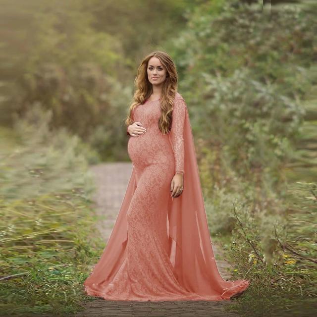 2022 Maternity Dress for Photo Shoot Maxi Maternity Gown Long Sleeves Lace Stitching Fancy Women Maternity Photography Props