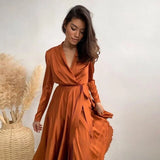 Rarove Women Vintage Sashes A-line Party Satin Dress Long Sleeve Sexy Deep V neck Solid Elegant Casual Dress 2022 Autumn Fashion Dress