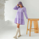 Women Vintage Front Button Ruffled A-line Party Dress Flare Sleeve Sexy V neck Purple Casual Dress 2021 Winter New Fashion Dress
